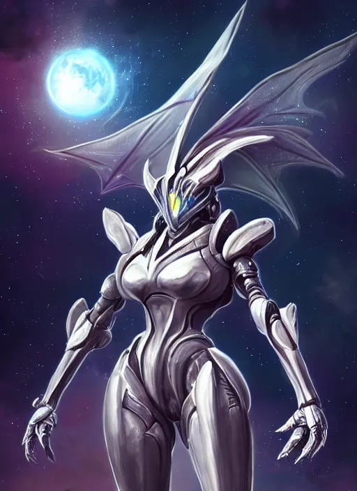 Prompt: goddess shot, galactic sized stunning beautiful anthropomorphic robot mecha female dragon, in space, larger than planets, posing elegantly, with earth in clawed hands, detailed silver armor, epic proportions, epic scale, ultra detailed digital art, furry art, macro art, dragon art, giantess art, warframe fanart, furaffinity, deviantart, realistic