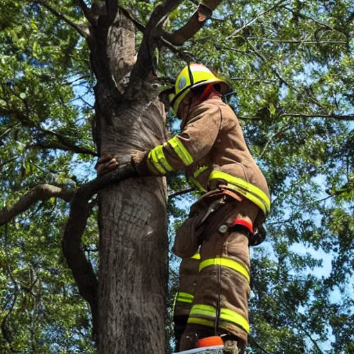 Prompt: a fireman rescuing a cat from a tree