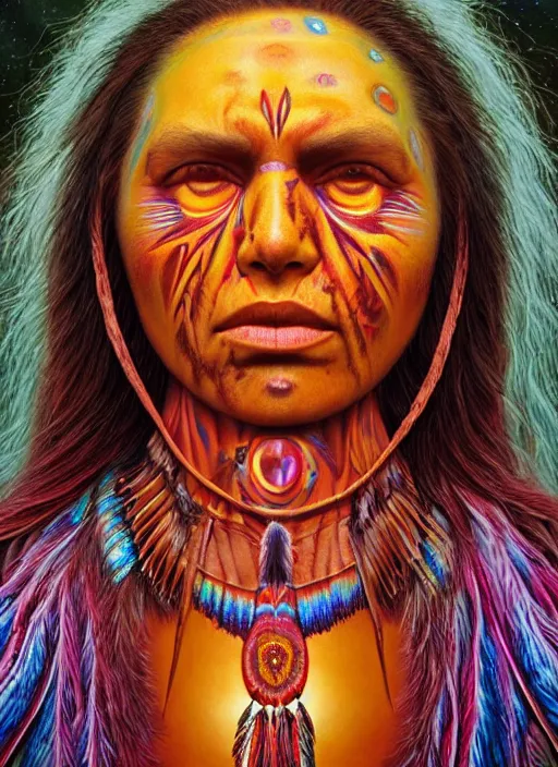 Prompt: portrait ultra dimensional native american woman shaman, accidentally tripping on dmt and acid, psychedelic experience, overwhelming psychosis of self realization and burning awakening, ultra high definition, unreal engine 5, hyperrealism, masterpiece composition, by casey weldon, barclay shaw