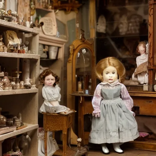 Image similar to victorian child standing in a doll maker's shop looking at all of the dolls, 8 k, soft lighting, highly detailed realistic, face in focus