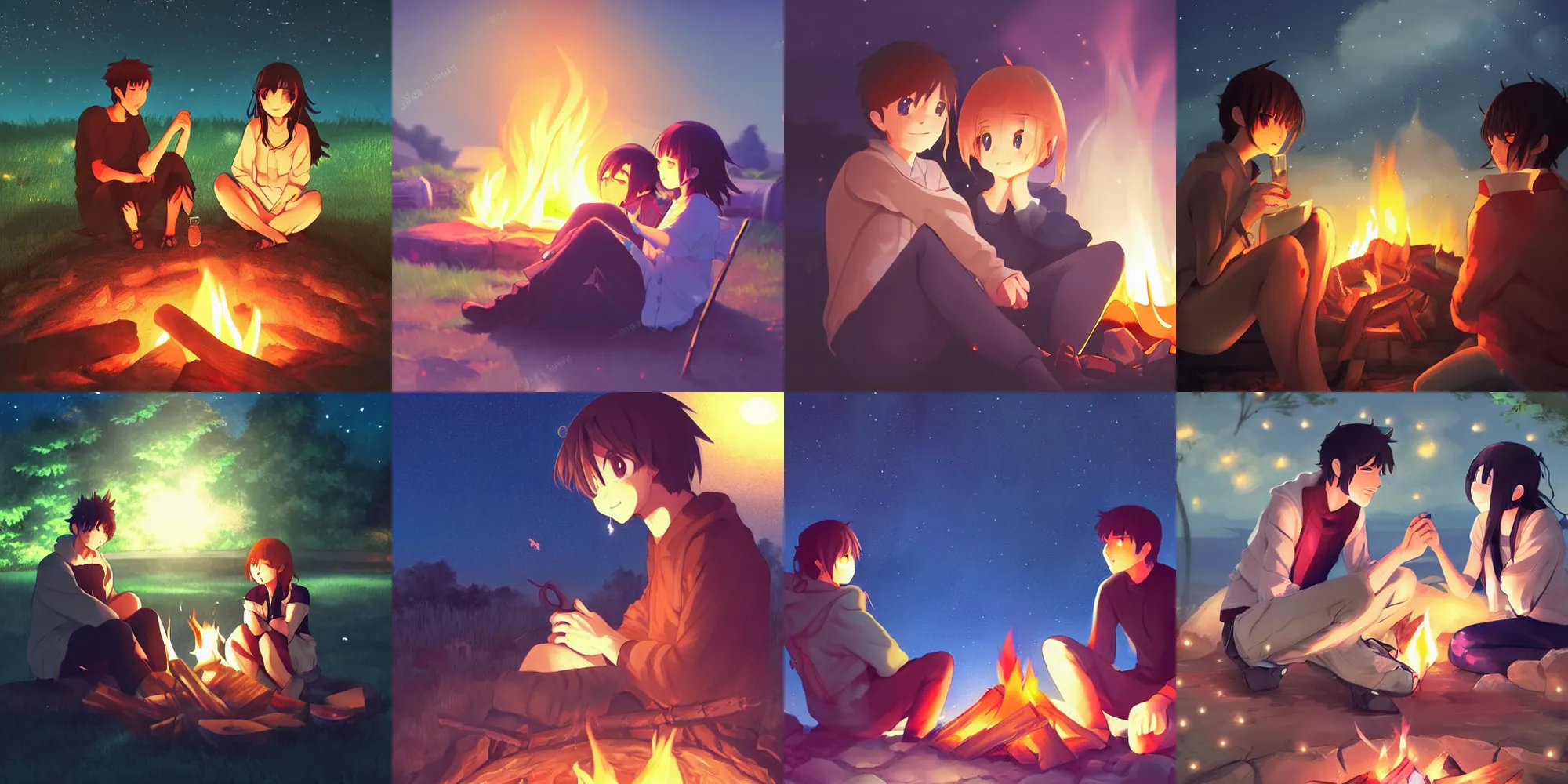 Prompt: very beautiful cute couple sitting nearby a campfire at night, anime, trending on artstation, pixiv, makoto shinkai, manga cover