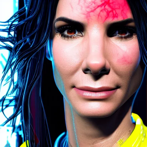 Prompt: sandra bullock portrait, cyberpunk 2 0 7 7, photorealistic, ultra detailed, neon, octane, bokeh, cinematic lighting, cyber, cyberpunk city, studio quality, feature, scars, cyberface, 8 k