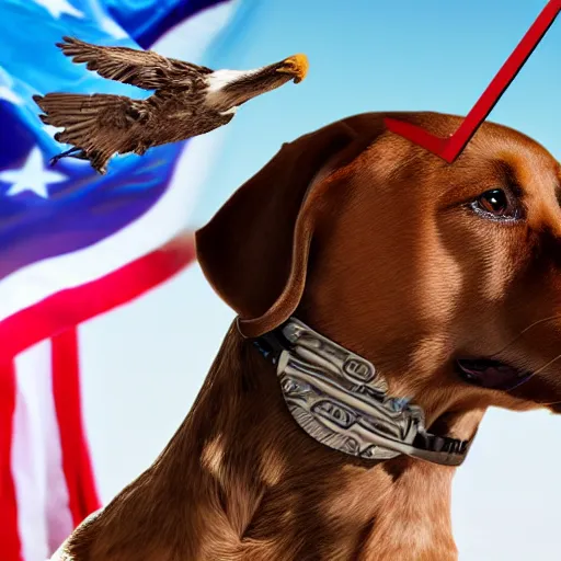 Prompt: a dog with a trident riding a bald eagle, patriotic, photorealistic, realistic photo, sharp focus, high detail