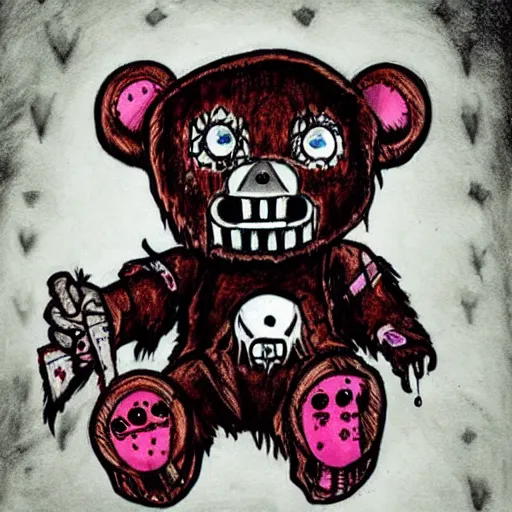 Image similar to dark art grunge drawing of a teddy bear with bloody eyes by - invader zim, loony toons style, horror theme, detailed, elegant, intricate