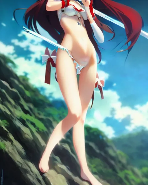 Image similar to very beautiful photo of asuna from sao, asuna by a - 1 pictures, by greg rutkowski, gil elvgren, enoch bolles, glossy skin, pearlescent, anime, maxim magazine, vert coherent