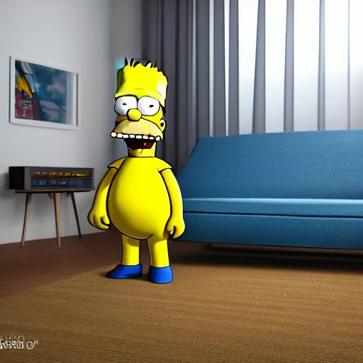 Prompt: ultra realistic render of The Simpson in the couch, octane render 8K, raytraced shadows, HDR, RTX 3090, refraction