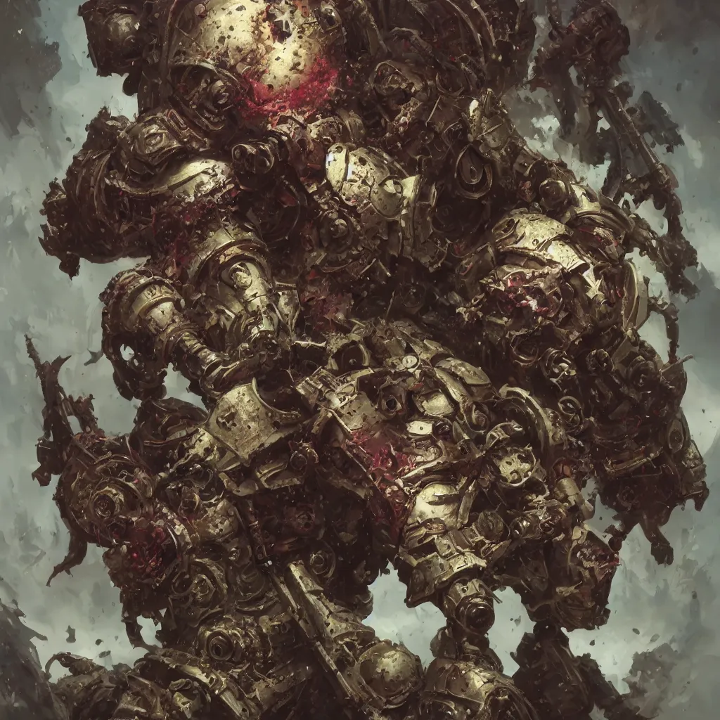 Image similar to hyper realistic portrait of heroic warhammer android head, cinematic, chaos marine, khorne tzeentch nurgle slaanesh, artstation, cgsociety, full head and shoulders, greg rutkowski, james gurney, mignola, craig mullins, brom