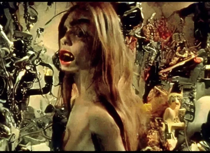 Image similar to wild underground scene from a 7 0's movie by chris cunningham, kenneth anger and alejandro jodorowsky : : surreal dream scene of actresses turning into mechanicall animals in a studio setting : : technicolor 4 k