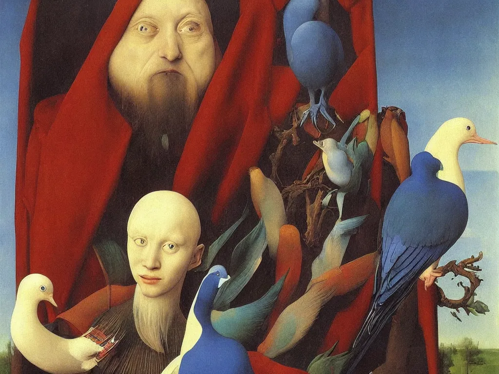 Prompt: Portrait of albino mystic with blue eyes, with beautiful exotic dove. Painting by Jan van Eyck, Audubon, Rene Magritte, Agnes Pelton, Max Ernst, Walton Ford