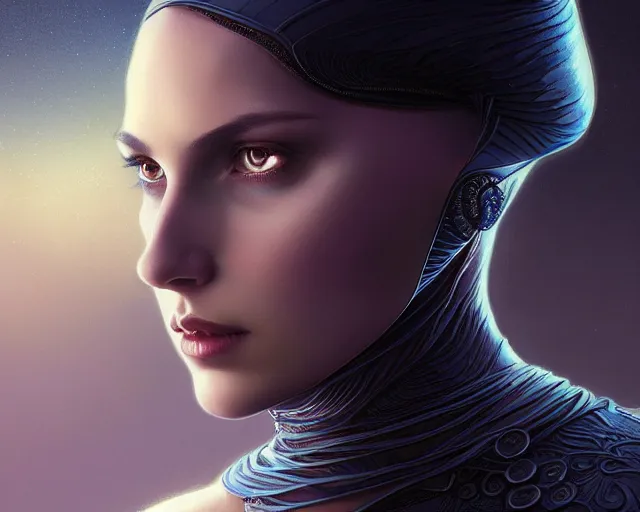 Image similar to photography of alia atreides of the knife, completely dark very dark blue eyes, deep focus, dune, science fiction, intricate, elegant, highly detailed, digital painting, artstation, concept art, matte, sharp focus, illustration, art by artgerm and greg rutkowski and alphonse mucha