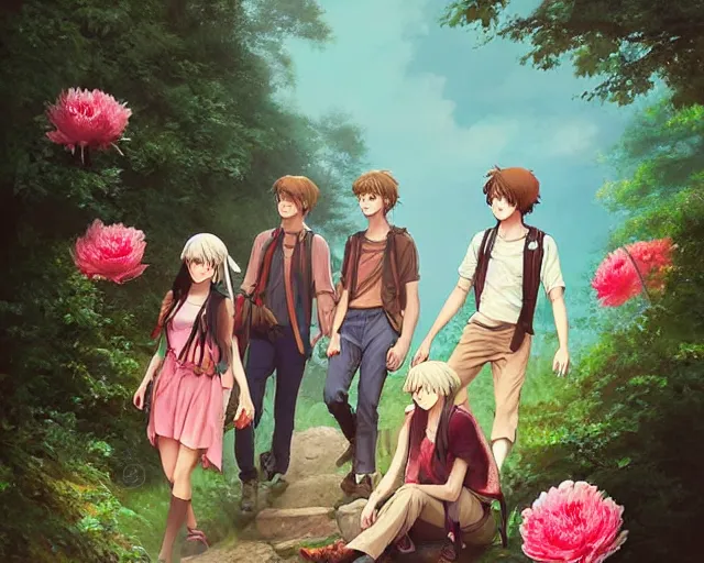 Image similar to a cinematic boy girl traditional romance moment of a group of university friends hiking wearing boho clothing and peonies, full body illustration,bestselling movie art poster, official media, 1970s fashion, official anime media, incredible art by artgerm and greg rutkowski and doja cat