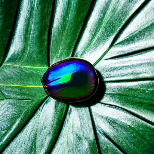 Prompt: an iridiscent scarab on top of a monstera leaf, close-up, 35mm, f1.8, realistic