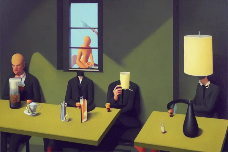 Prompt: hideous terrifying ghastly foul cronenberg monsters relaxing at a cafe. ( a waiter is pouring coffee. one monster is reading a newspaper. painting by edward hopper grant wood rene magritte, cinematography by robby muller, 3 d rendering by beeple, 8 k, comfy wretched mutants )