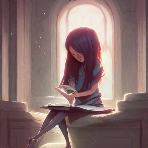 Image similar to a pixar girl reading a book, long hair flowing down, symmetrical, style of by Jordan Grimmer and greg rutkowski, crisp lines and color,