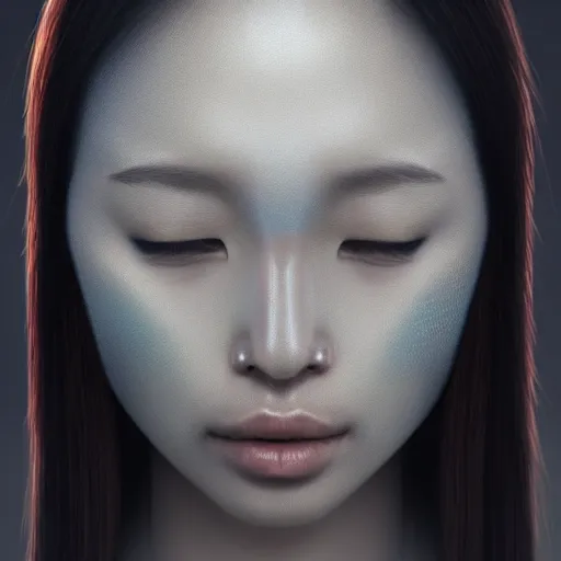 Image similar to asian - european woman face portrait, face covered with chrome lines, ethereal, highly detailed, by andrew chiampo, beeple, artstation, and frederik heyman, extremely detailed woman, stunning volumetric lighting, hyper realism, fantasy, intricate detail,