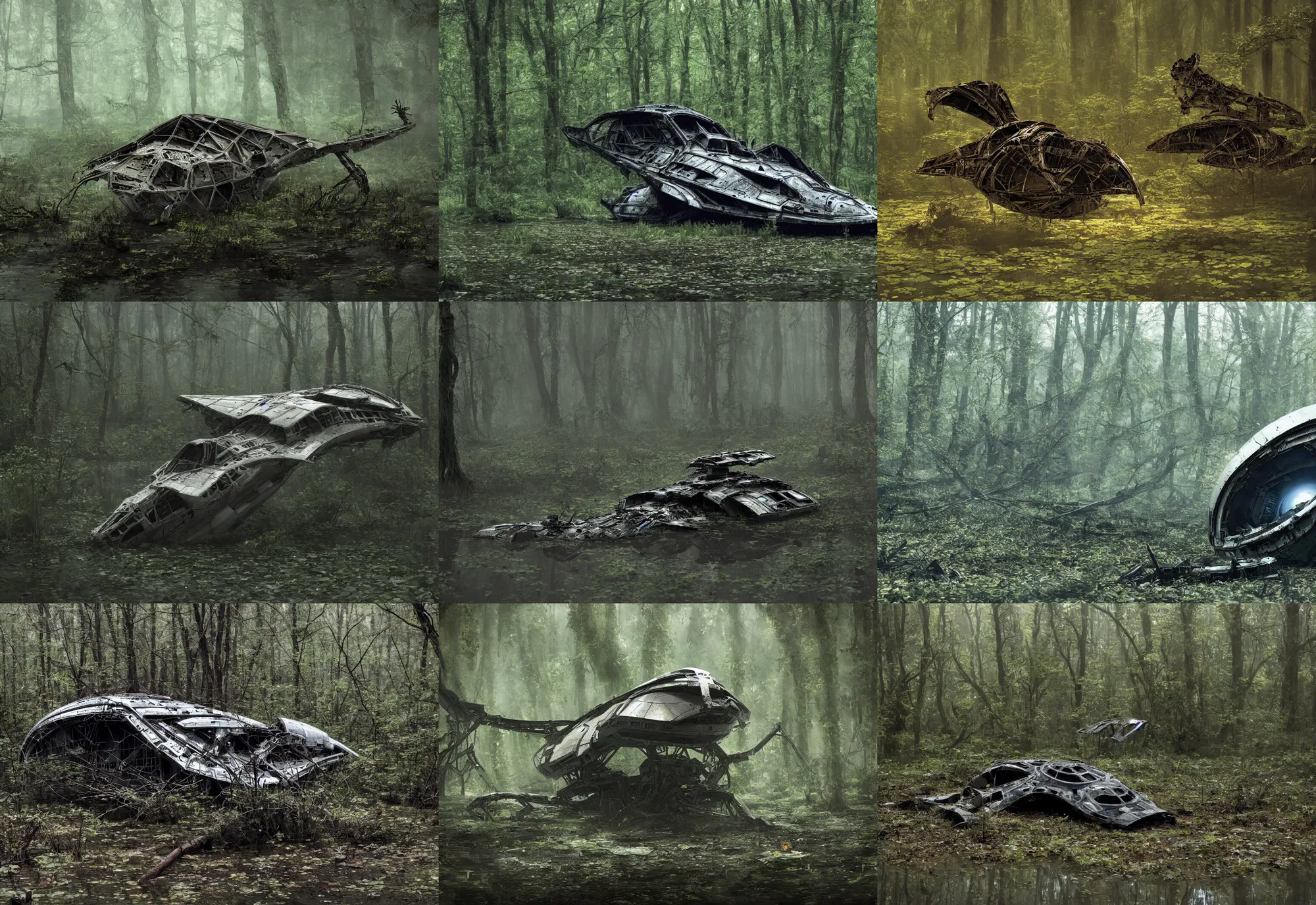 Prompt: crashed alien scout ship in a swamp, dystopian, 4 k