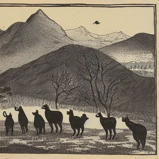 Prompt: 19th century woodcut, two black cats, llama, watching farmers in the distance, in the Andes