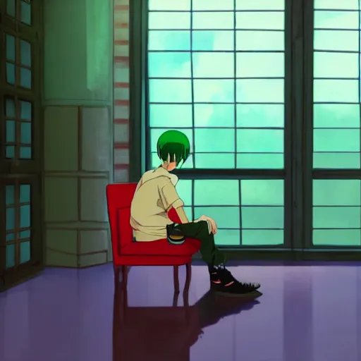 Prompt: anime boy alone in the dark cinema, green hair, red chair, lonely, screenshot from the film by Makoto Shinkai, Studio Ghibli, trending on pixiv