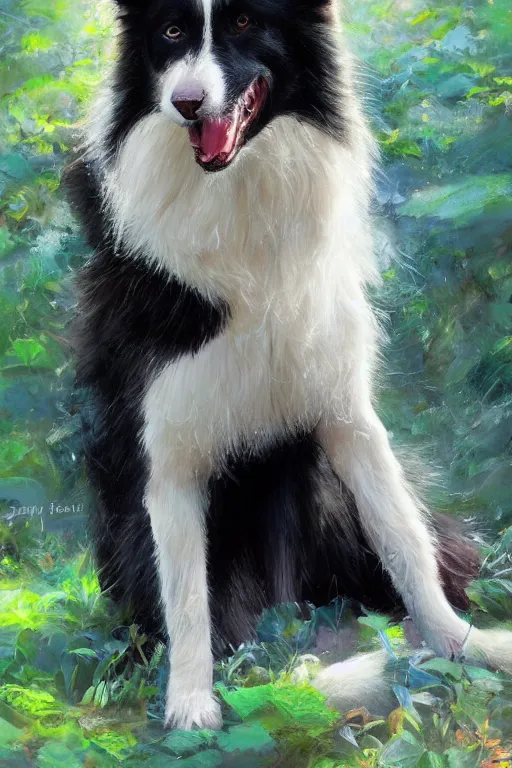 Prompt: portrait of a cute male anthropomorphic border collie fursona wearing a suit in a sunny glade. by henry asencio, jon foster, and ross tran. scenic background, highly detailed, concept art, furry, glamor pose, elegant, aesthetic, beautiful, trending on artstation, top rated on furaffinity and deviantart