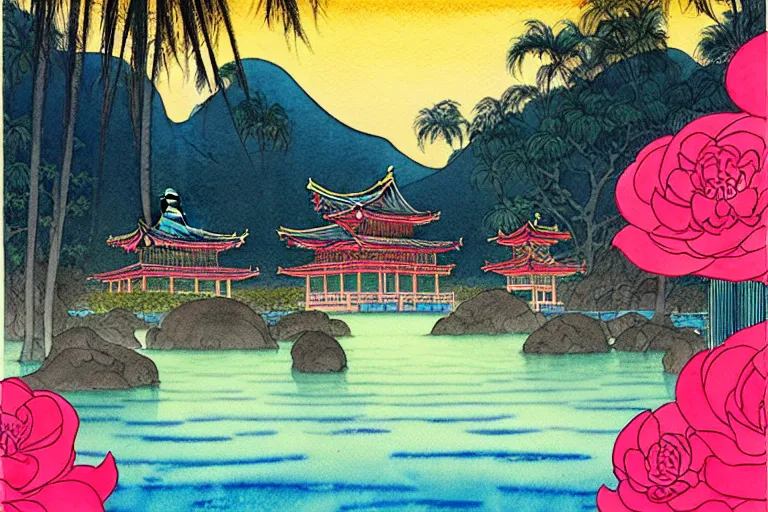 Prompt: a hyperrealist watercolor of a zen water scene at night. buddhist temple in the background. neon roses and palm trees. by rebecca guay, michael kaluta, charles vess and jean moebius giraud