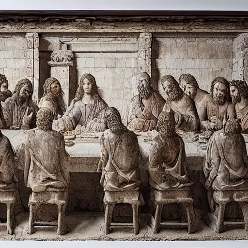 Prompt: on the wall of a stone temple, a large detailed stone carving of The Last Supper by Leonardo Da Vinci