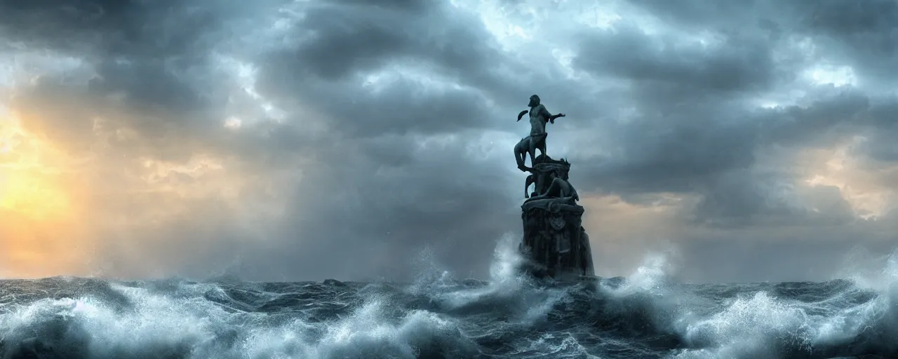 Prompt: a matte painting of a marble Poseidon statue emerging from a stormy sea at sunset, photo-realistic, very beautiful
