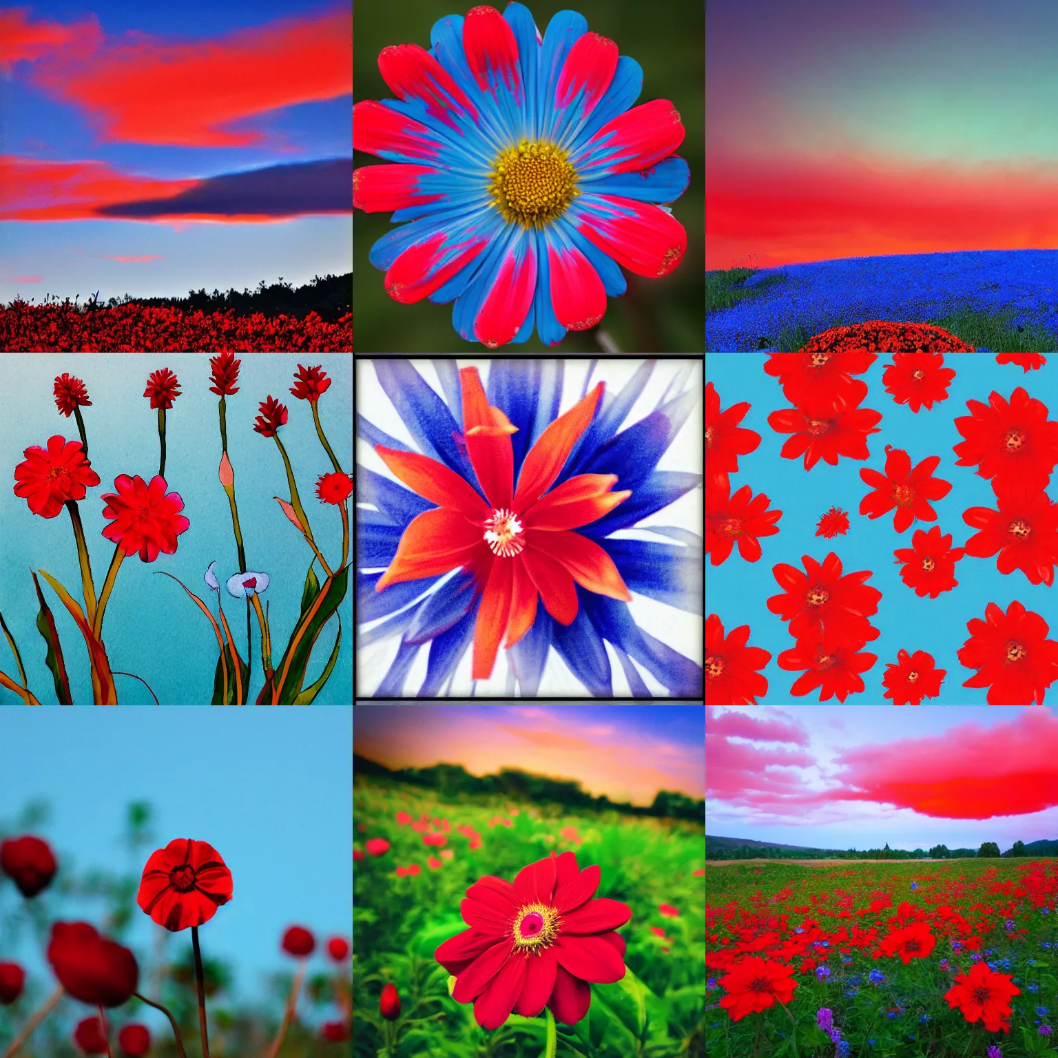 Prompt: red sky blue flower
