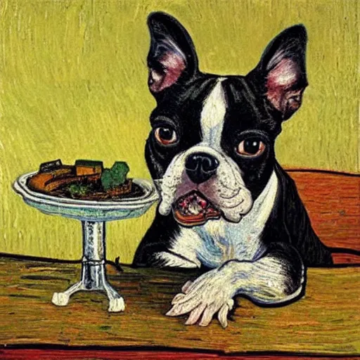 Image similar to a painting of a boston terrier eating cheese, in the style of van gogh, highly detailed