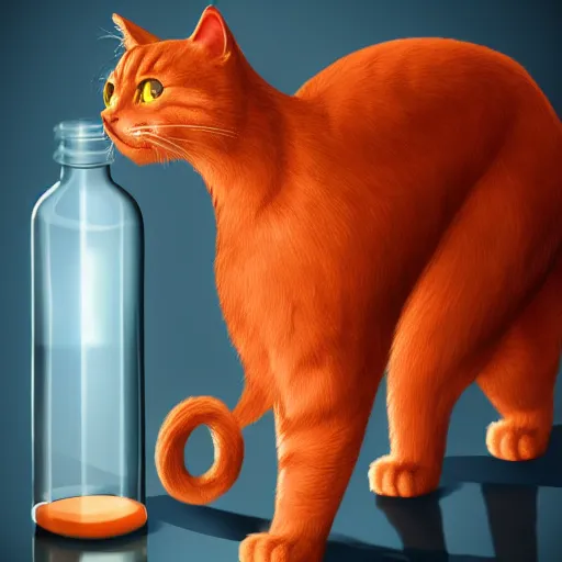 Prompt: a cat standing next to a bottle of medicine. orange cat. animal. digital art. artstation.