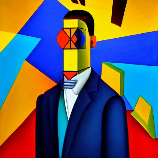 Image similar to ultra realistic portrait ofa man in suit in a studio, ultra detailed, under blue, red and yellow cinematic lighting, salvador dali, cartoon, monument valley, escher