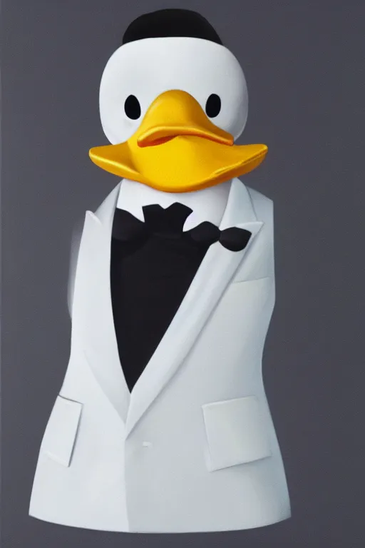 Image similar to man anthropomorphic duck wearing a white tuxedo oil on canvas full shot trending on artstation