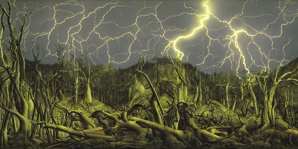 Prompt: a highly detailed color landscape painting of electric forestry by bosch, by giger, by beardsley, lush greenery and lightning bolts coming down from storm clouds