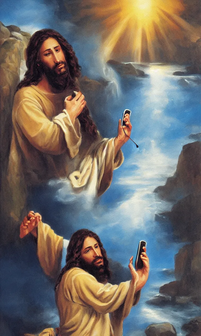 Prompt: splash painting of jesus making a phone call