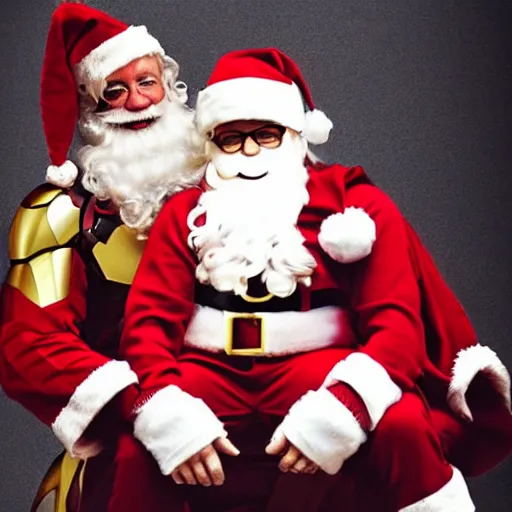 Image similar to iron man sitting on santa's lap, iron man sitting, santa clause, white beard, sitting on santa, dramatic lighting