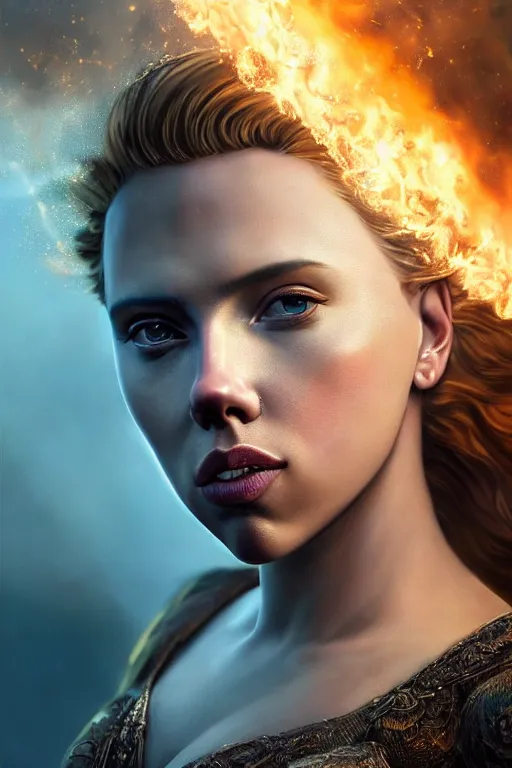 Image similar to majestic and regal portrait of a beautiful young scarlette johansson fire goddess!!, intricate, epic, elegant, menacing, fantasy, highly detailed, digital painting, hard focus, beautiful volumetric lighting, epic light, ultra detailed, souls, smoke, by leesha hannigan, ross tran, thierry doizon, kai carpenter, ignacio fernandez rios