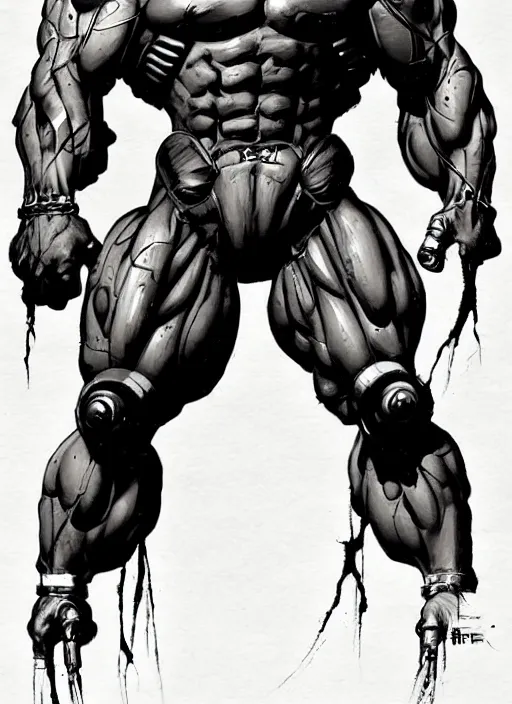 Image similar to full body portrait of an extremely muscular, very buff, huge mutant man with a creepy cybernetic mask. In style of Yoji Shinkawa and Hyung-tae Kim, trending on ArtStation, dark fantasy, great composition, concept art, highly detailed.