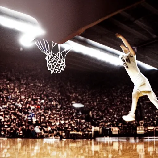 Image similar to film still of a llama dunking a basketball, low angle, extreme long shot, indoors, dramatic backlighting