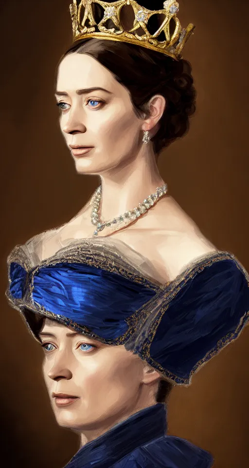 Prompt: portrait of emily blunt as queen victoria, jewelry, greek, sapphire, victorian age, 1 8 9 0, intricate, headshot, key visual, conceptart, ambient lighting, highly detailed, digital painting, artstation, concept art, sharp focus, by makoto shinkai and akihiko yoshida and greg manchess