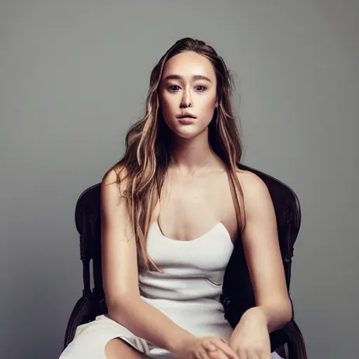 Image similar to alycia debnam-carey sitting on chair posing for photo, award winning photography, HDR, studio lighting, dynamic pose, medium close shot, shot on Canon EOS R5, f/1.8,