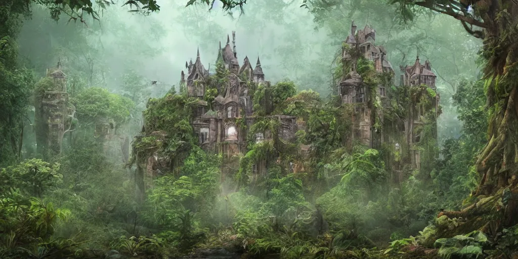 Prompt: a castle hidden in the jungle, overgrown with trees, misty, whimsical, fantasy art style, highly detailed, 4 k