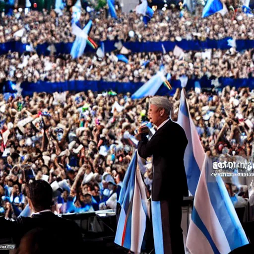 Image similar to Lady Gaga as president, Argentina presidential rally, Argentine flags behind, bokeh, giving a speech, detailed face, Argentina