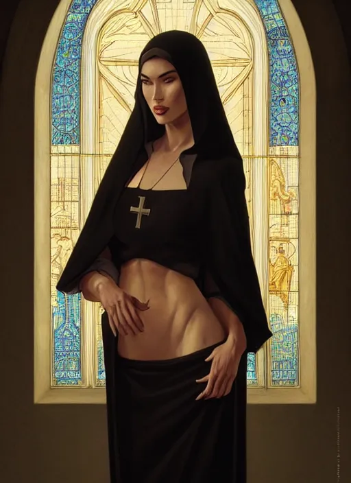 Prompt: portrait of megan fox as a sultry nun, catholic, church, bible, christian, intricate, headshot, highly detailed, digital painting, artstation, concept art, sharp focus, cinematic lighting, illustration, art by artgerm and greg rutkowski, alphonse mucha, cgsociety