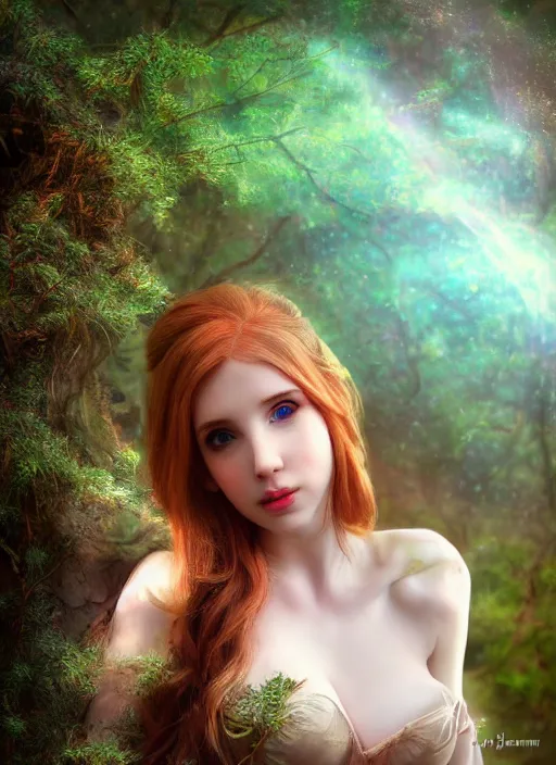 Image similar to of ethereal fantasy, young beautiful Amouranth, elegant, ethereal dreamy light, art by James Jeani