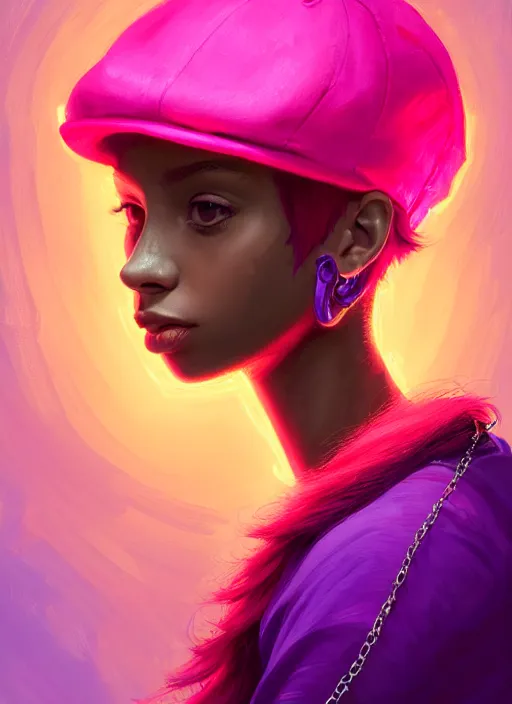 Image similar to portrait of teenage vanessa morgan with bright pink hair, black girl, curly pixie cut hair, wearing a purple breton cap, breton cap, hoop earrings, intricate, elegant, glowing lights, highly detailed, digital painting, artstation, concept art, smooth, sharp focus, illustration, art by wlop, mars ravelo and greg rutkowski