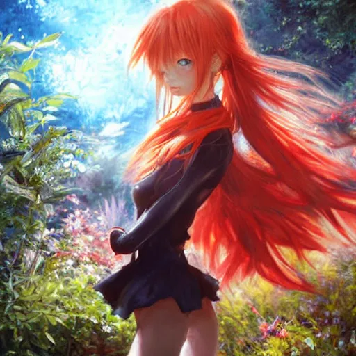 Image similar to asuka langley soryu wandering a garden by raymond swanland, highly detailed