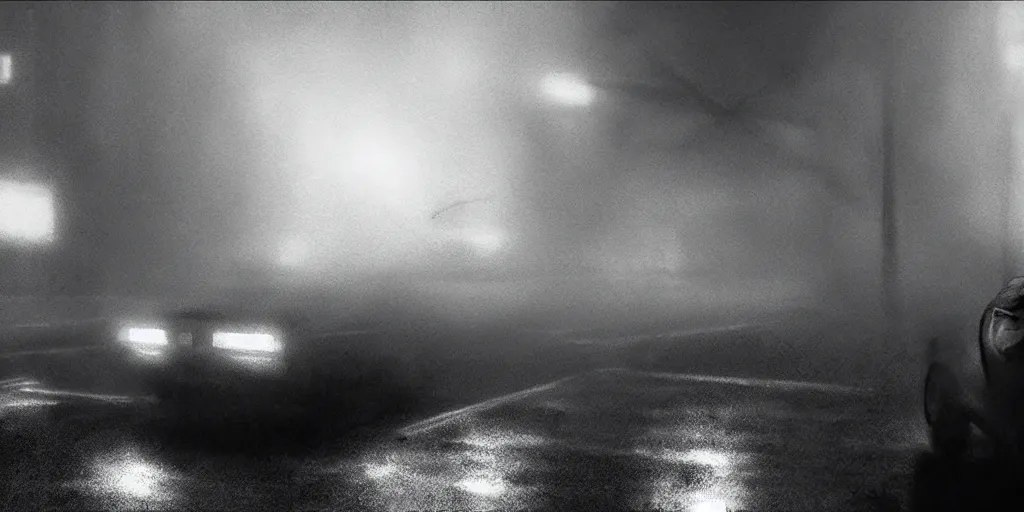 Image similar to a noir film scene, single character, car, mist, foggy, mysterious, monochrome, by yoji shinkawa