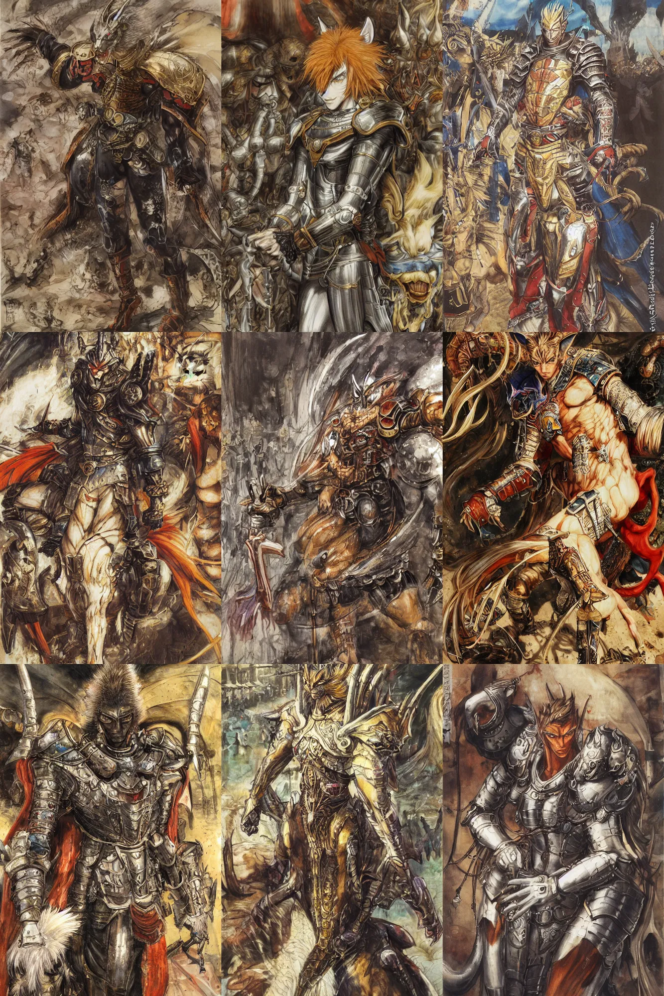 Image similar to 8k Yoshitaka Amano painting of upper body of a young cool looking slim caracal beast-man with white mane at a medieval market at windy day. Depth of field. He is wearing complex fantasy armors. He has huge paws. Renaissance style lighting.