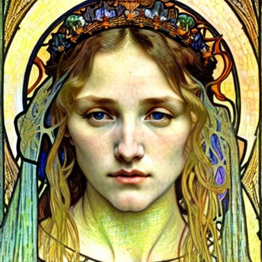Image similar to detailed realistic beautiful young medieval queen face portrait by jean delville, alphonse mucha, vincent van gogh, and marco mazzoni, art nouveau, symbolist, visionary, gothic, pre - raphaelite