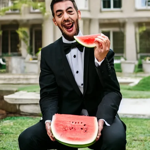 Prompt: man in tuxedo eating watermelon with a fork out of a bowl