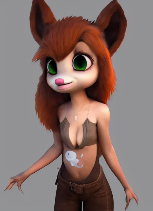 Image similar to female furry mini cute style, character adoptable, highly detailed, rendered, ray - tracing, cgi animated, 3 d demo reel avatar, style of maple story and zootopia, maple story cthulhu girl, dark cthulhu, dark skin, cool clothes, soft shade, soft lighting